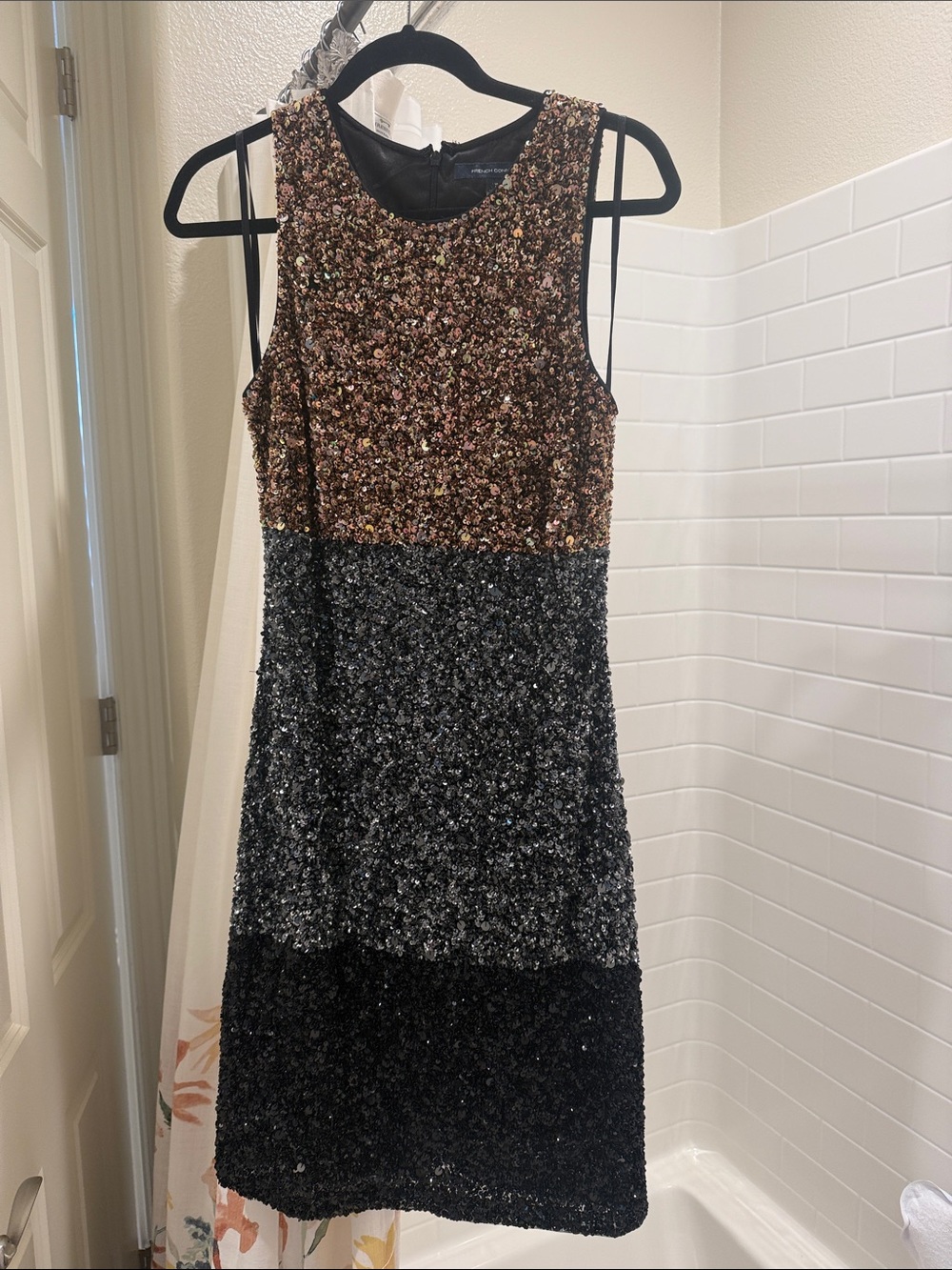 French Connection Rose Gold, Silver & Black Sequin Midi Dress